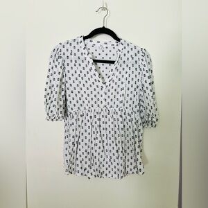 White Pleated 3/4 Sleeve Blouse with Mandarin Collar